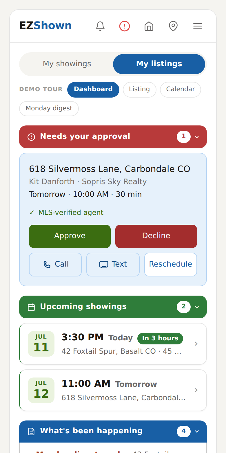 The EZShown agent dashboard: a pending showing request awaiting approval, upcoming showings with countdown chips, and the activity feed.