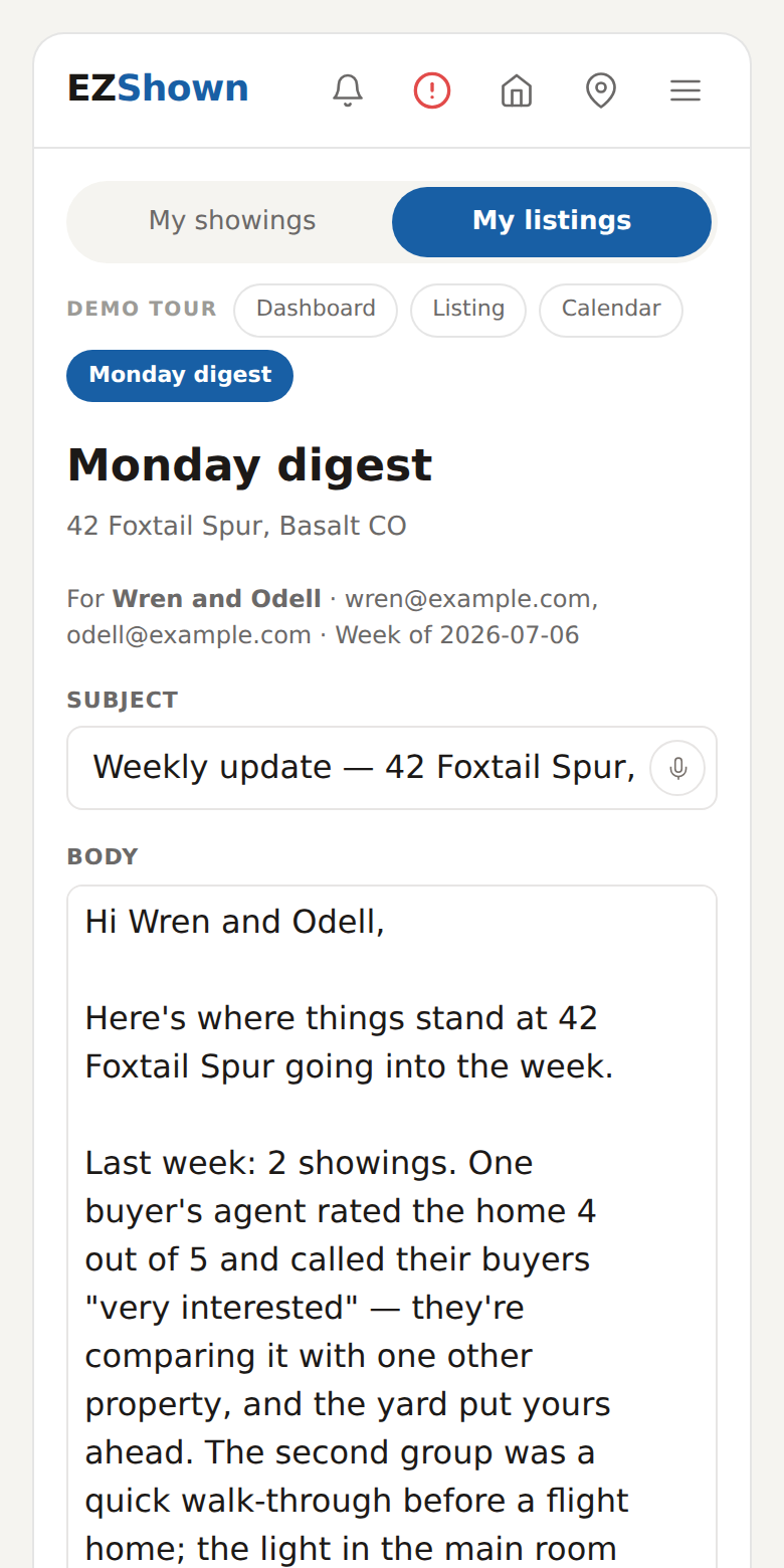 The EZShown Monday digest composer: a pre-drafted weekly seller update addressed to both co-sellers, ready to edit and send.